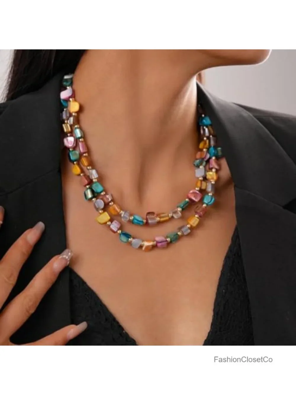 Boho Layered Beaded Faux Shell Choker Necklace Chunky Statement Jewelry